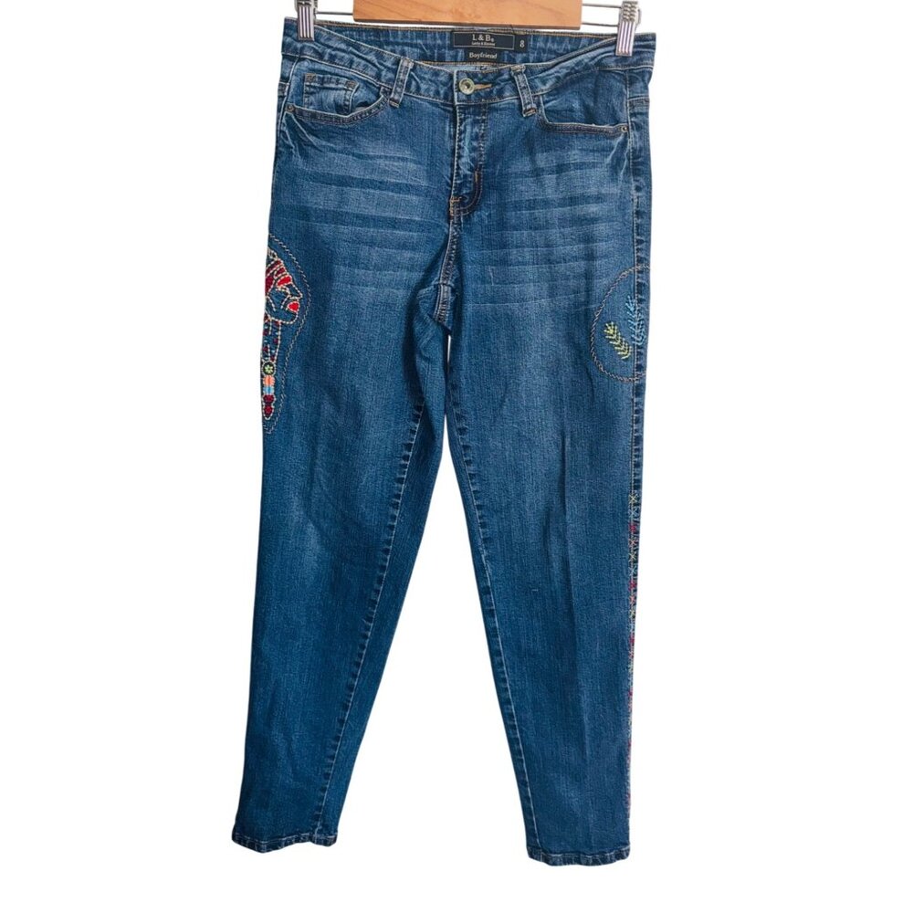 L&B Lucky & Blessed Boyfriend Jeans Womens 8 Embroidered Patchwork Denim Boho